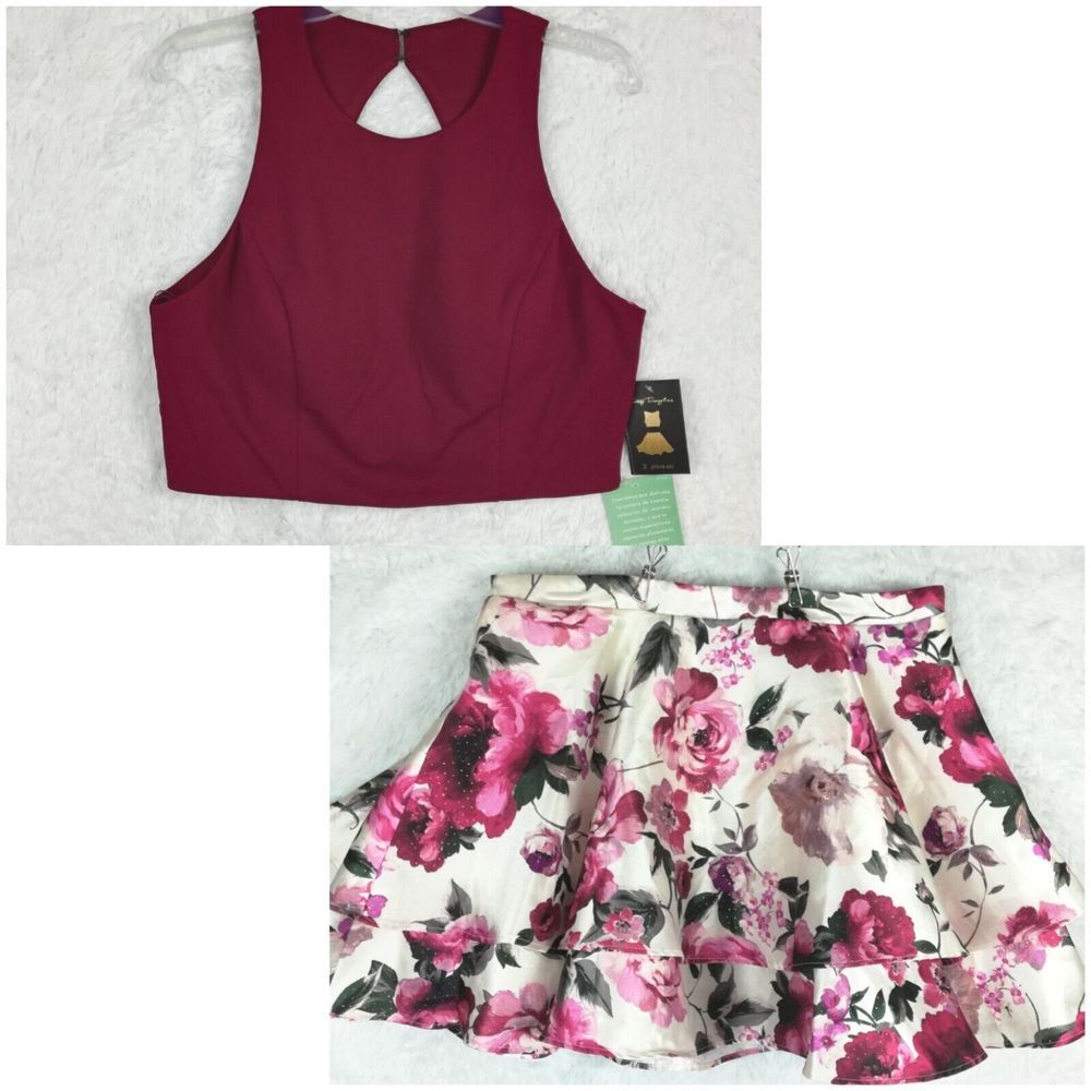 City Triangles Womens‎ Dress Skirt Crop Fit Flare Floral Burgundy Grandma 15 New